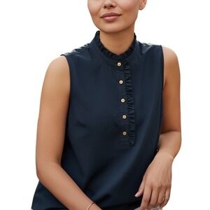 Talbots Pure Silk Sleeveless Ruffle Collar Top Navy Blue Gold Buttons